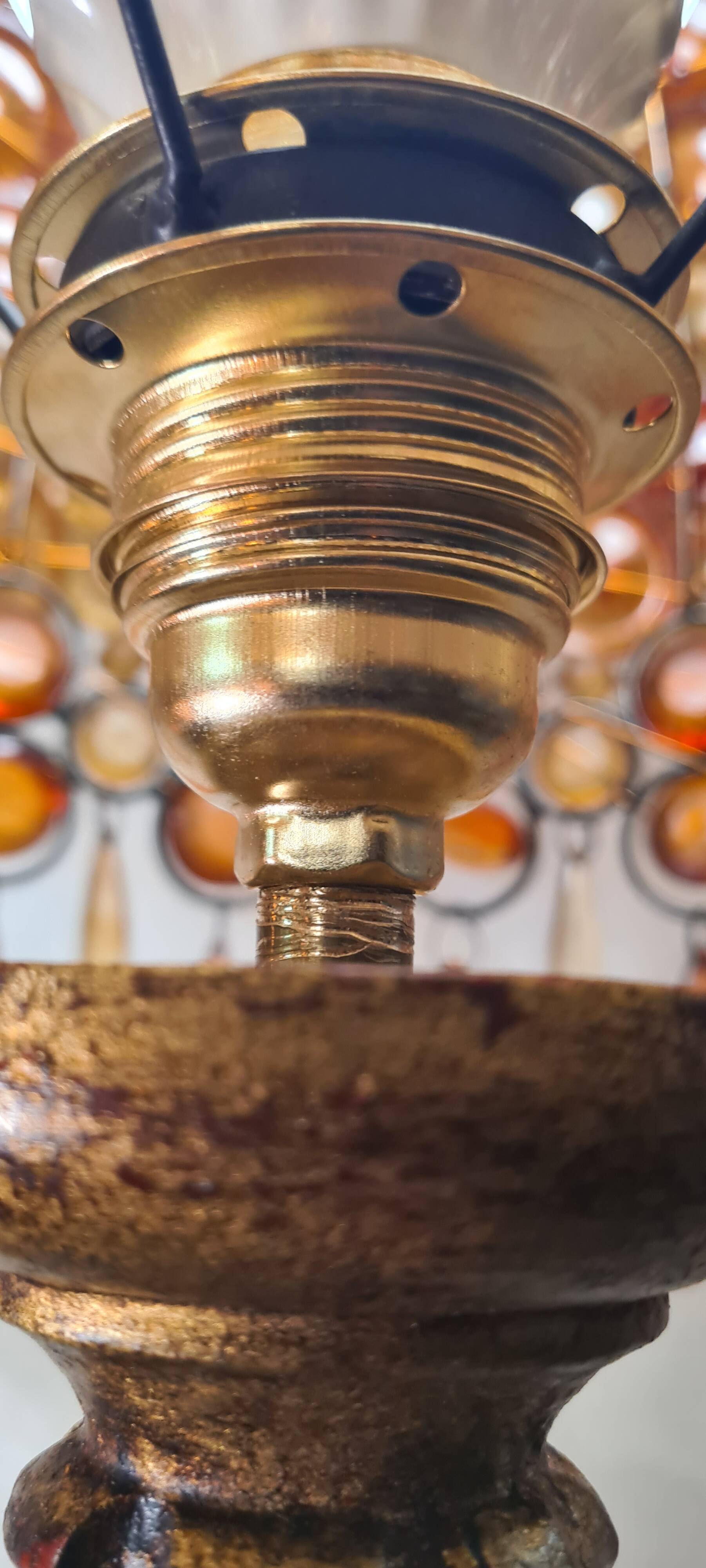 1970 lamp, patinated painted wood, and amber acrylic lampshade 70x28 elec ok;