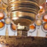 1970 lamp, patinated painted wood, and amber acrylic lampshade 70x28 elec ok;