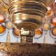 1970 lamp, patinated painted wood, and amber acrylic lampshade 70x28 elec ok;