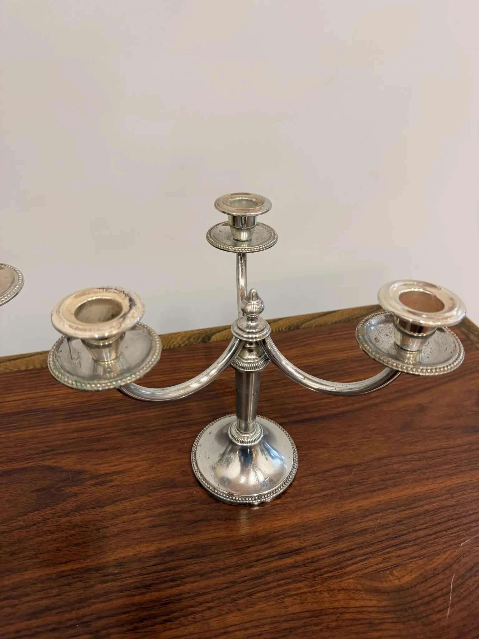 Pair of vintage three-branch silver-plated candlesticks
