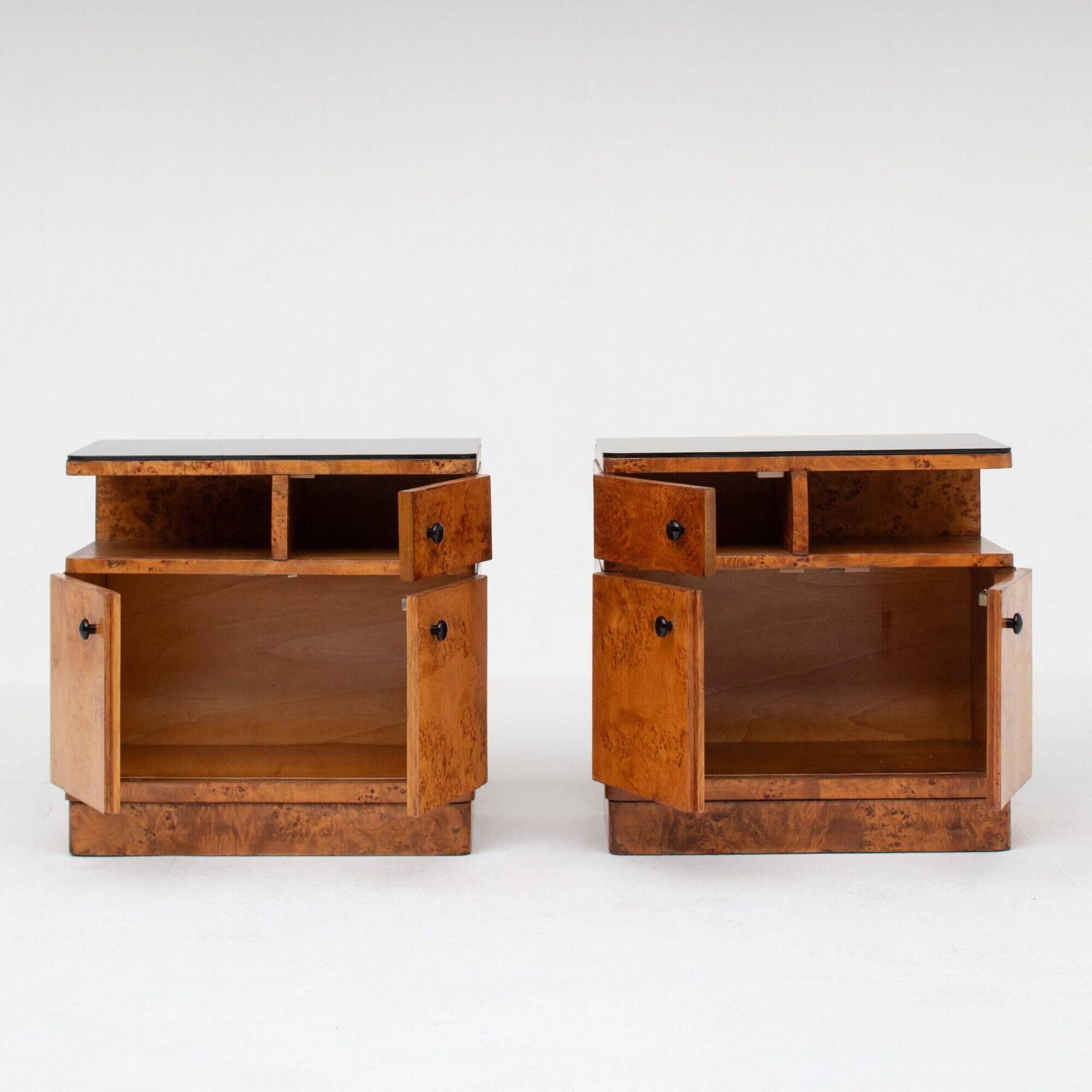 Pair of Art Deco nightstands in burlwood with black lacquered top