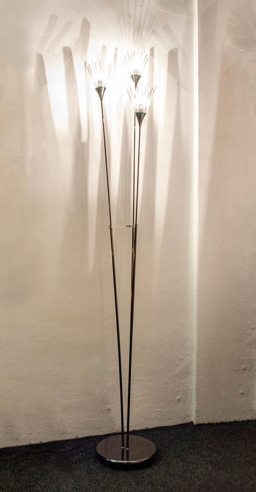 Floor lamp three lights in metal finish gunmetal, glass and plexiglass. Italy 80s