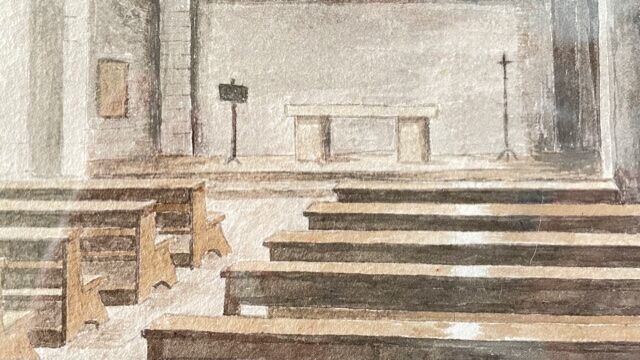 Tableau ancien aquarelle intérieur chapelle sur papier