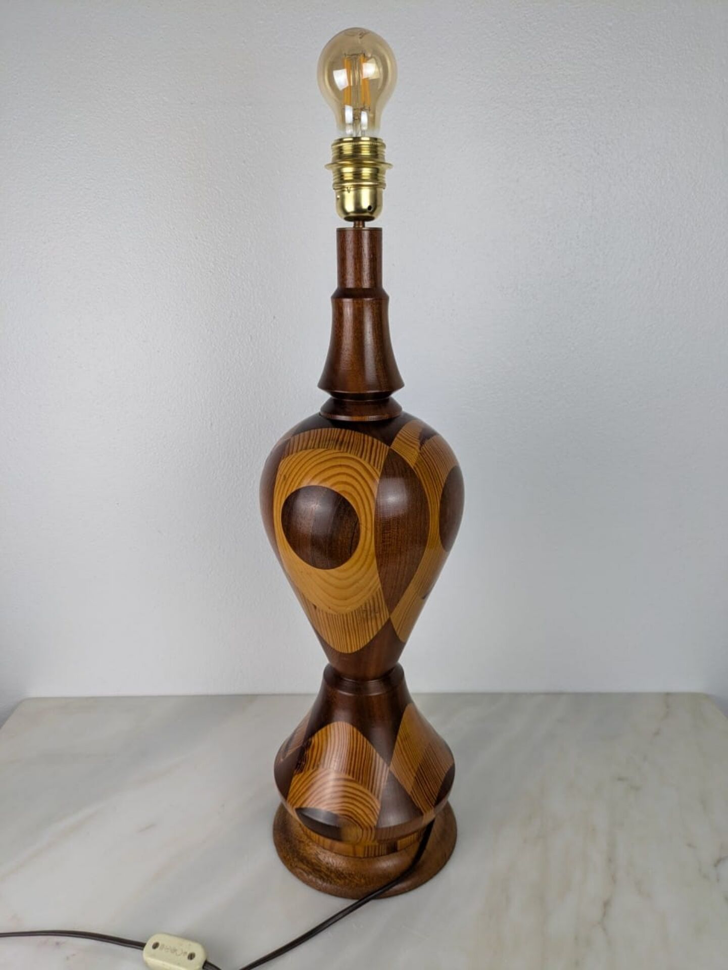 Vintage Marquetry Wooden Table Lamp (1970s) - 57 cm