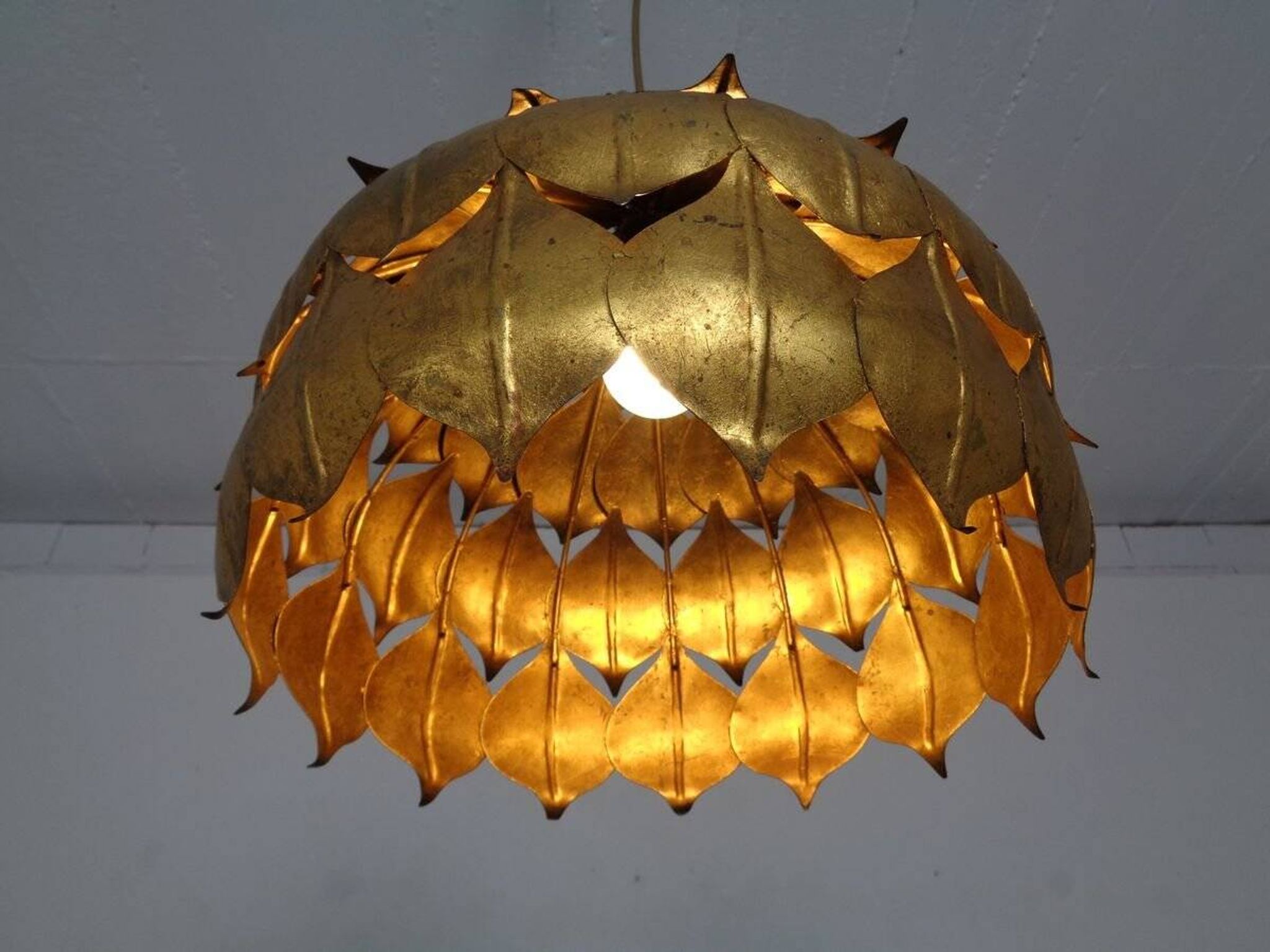 Large French Brass Lotus Ceiling Lamp, 1940s