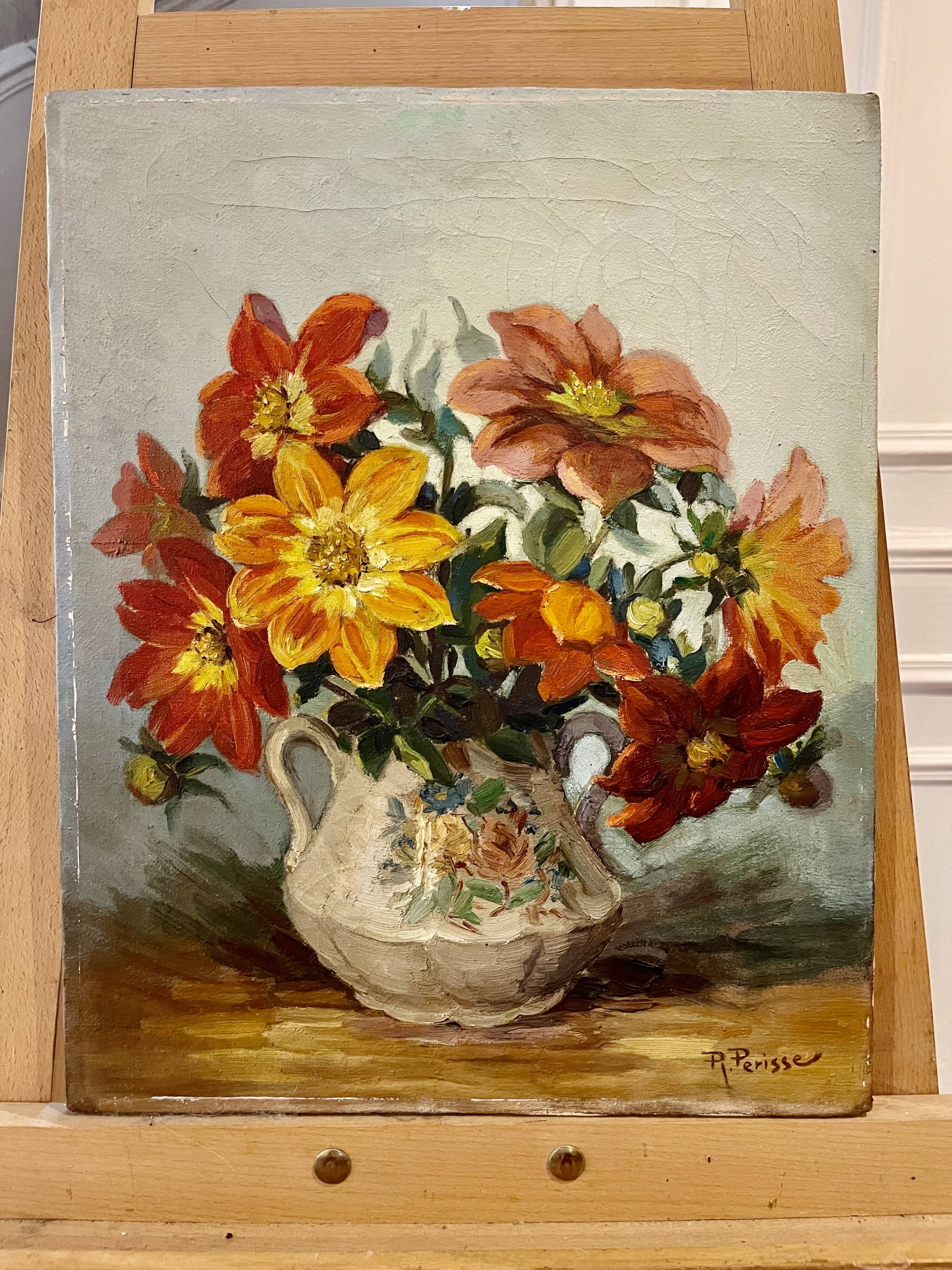 Oil painting on canvas signed Raymond PERISSE - Bouquet of Dahlias - Lorraine painter