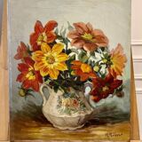 Oil painting on canvas signed Raymond PERISSE - Bouquet of Dahlias - Lorraine painter