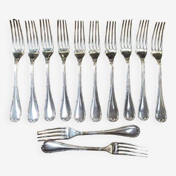 Lot de 12 grandes fourchettes en métal argenté de la maison Christofle, modèle Rubans