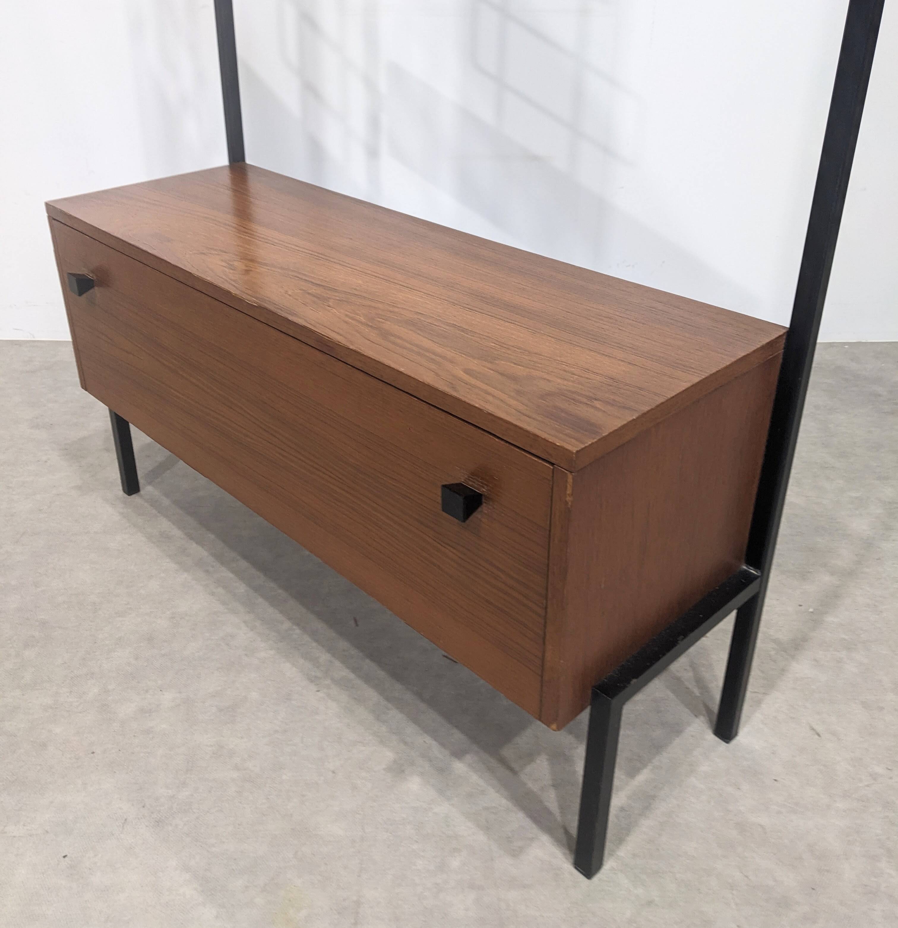 Mid-century coat rack, chest, and mirror.