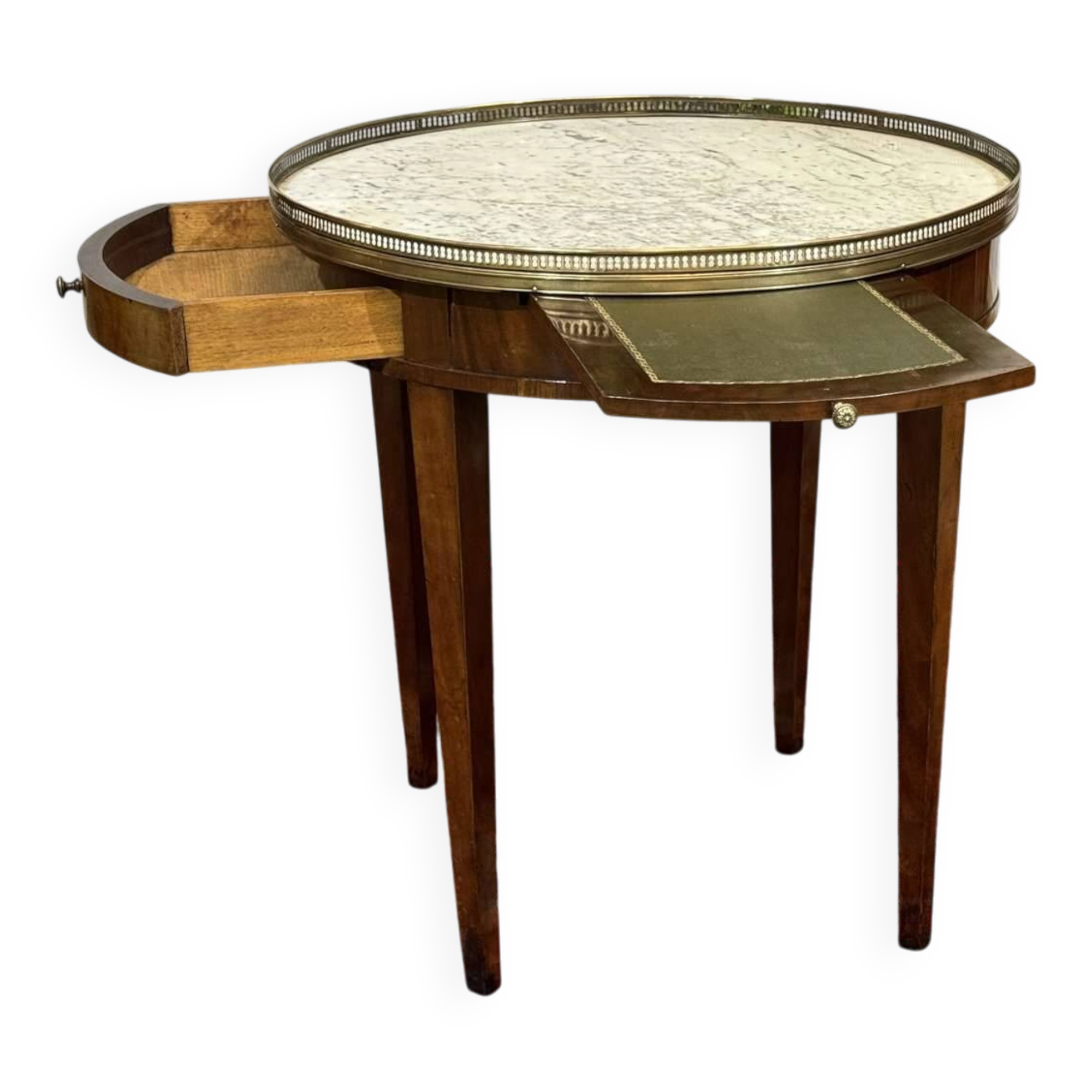 Louis XVI style bouillotte table in mahogany with a white marble top.
