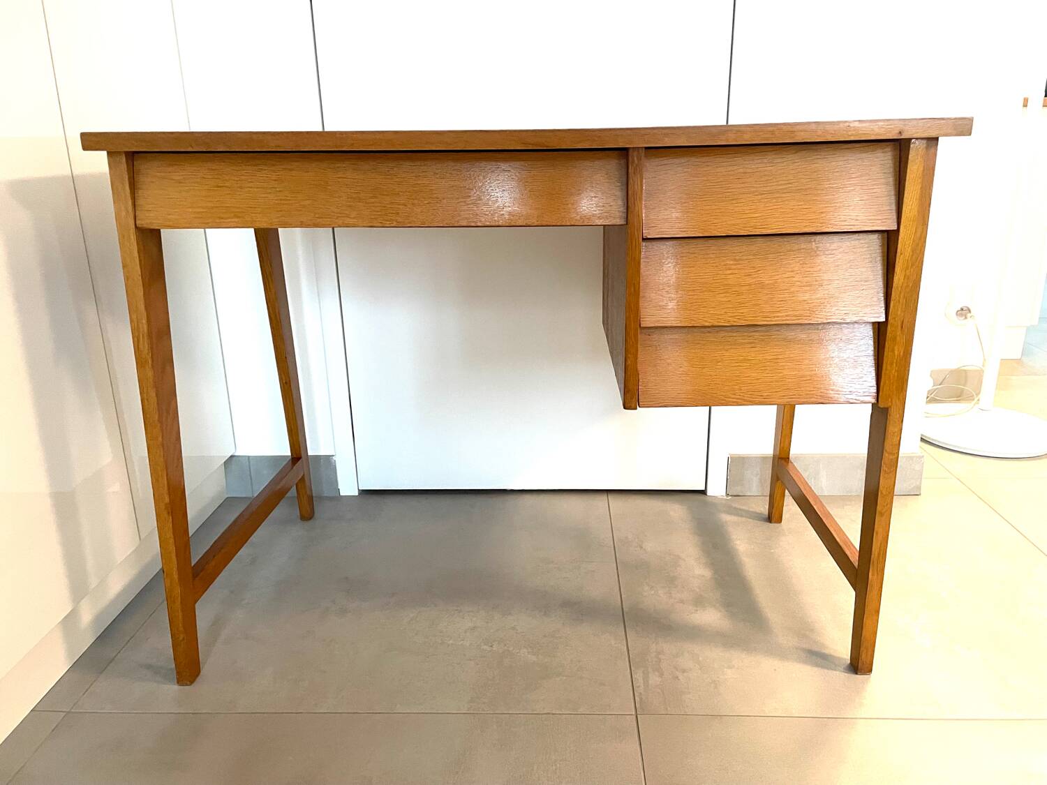 1950s modernist oak desk with compass legs