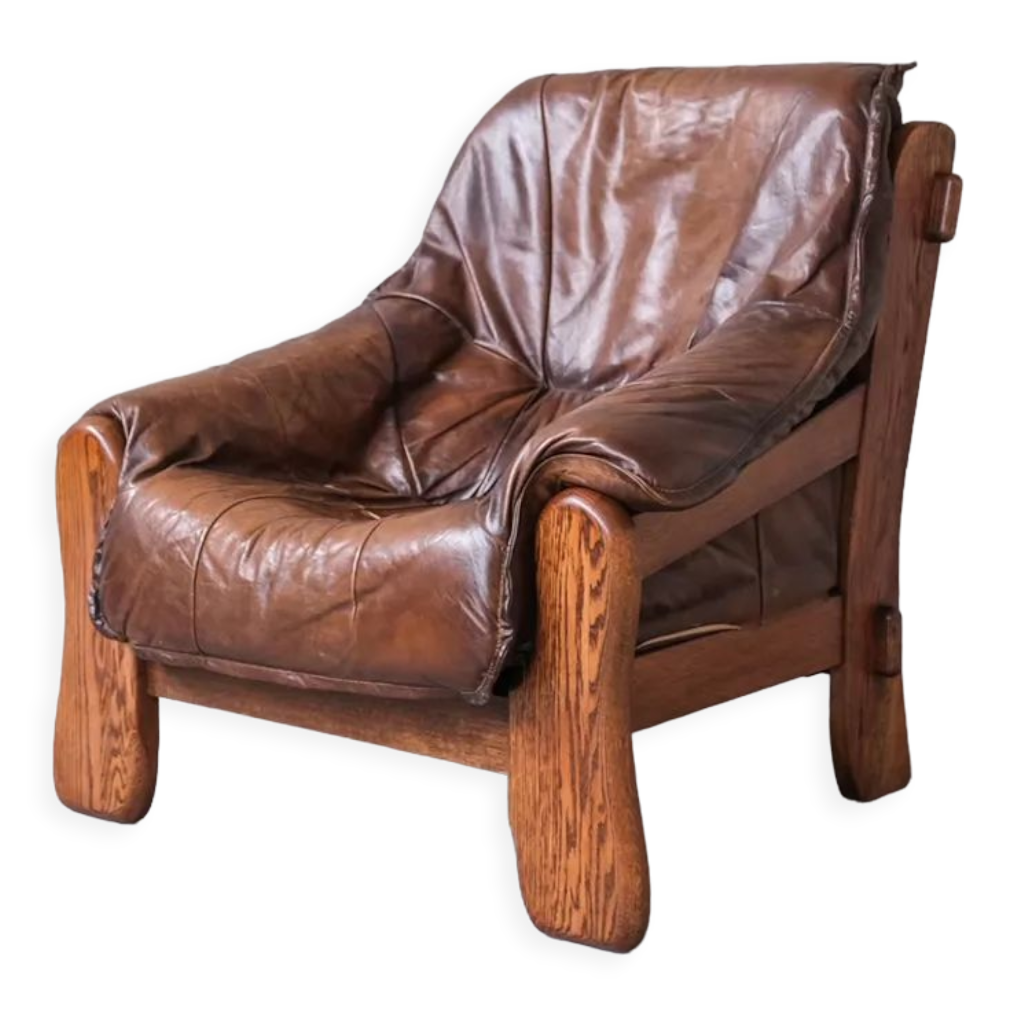 Pair of Oak Brutalist Leather Mid-Century Armchairs