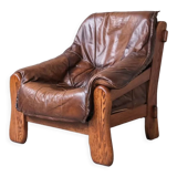 Paire de fauteuils en cuir brutaliste de chêne du milieu du siècle