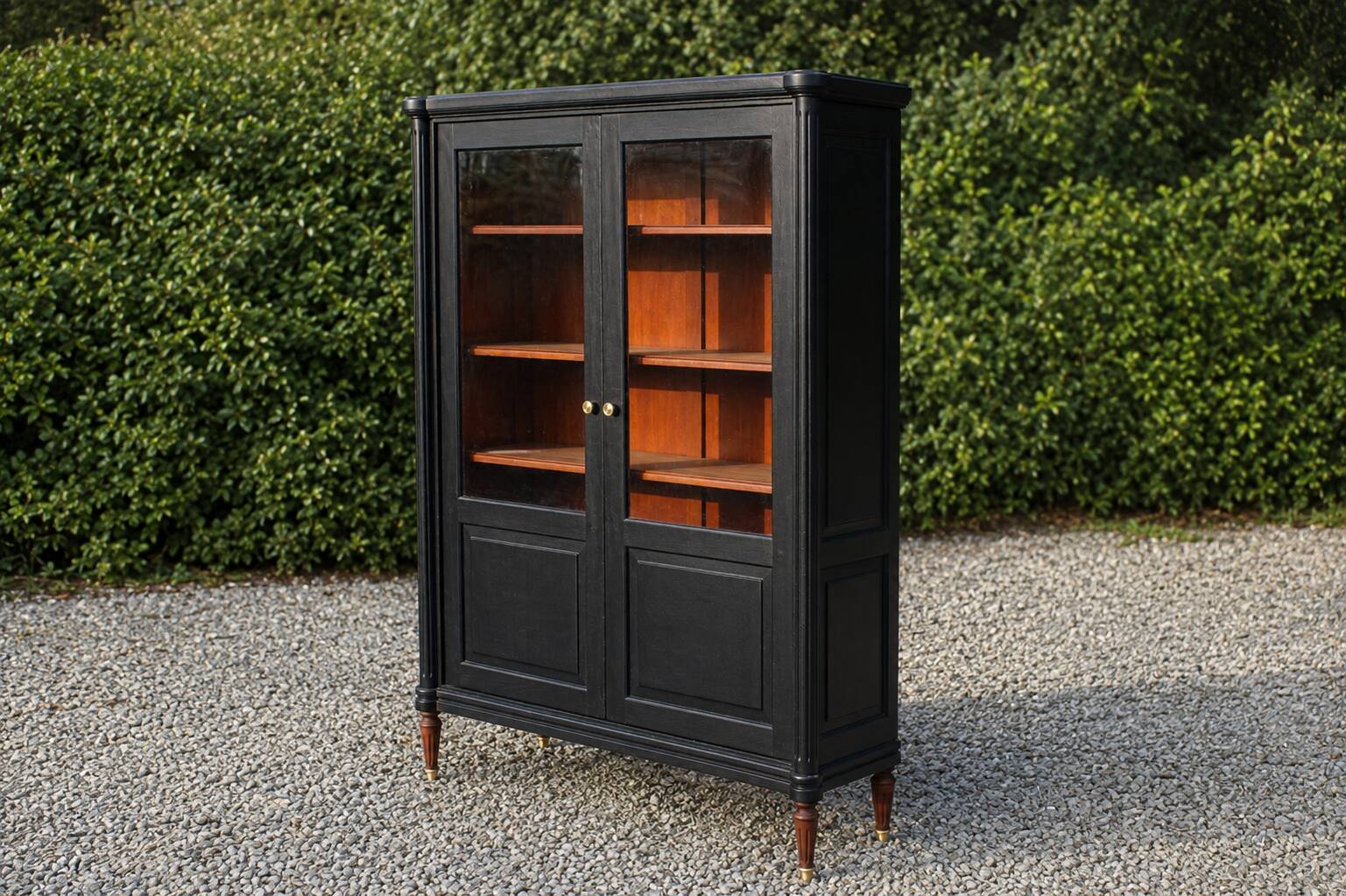 Renovated black antique Louis XVI style display cabinet, glass-fronted bookcase.