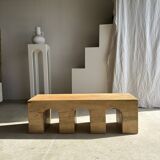 Solid monoxyl wood bench with carved 3-arch base - Natural wood color