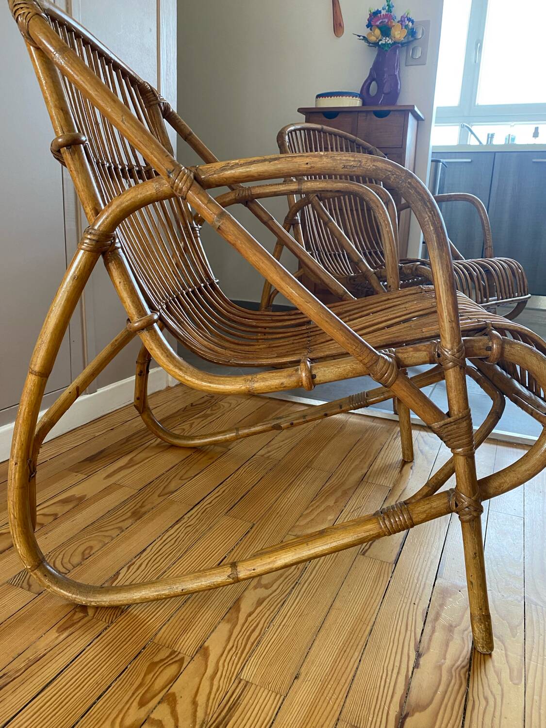 Rare pair of vintage rattan and wicker armchairs from the 1950s