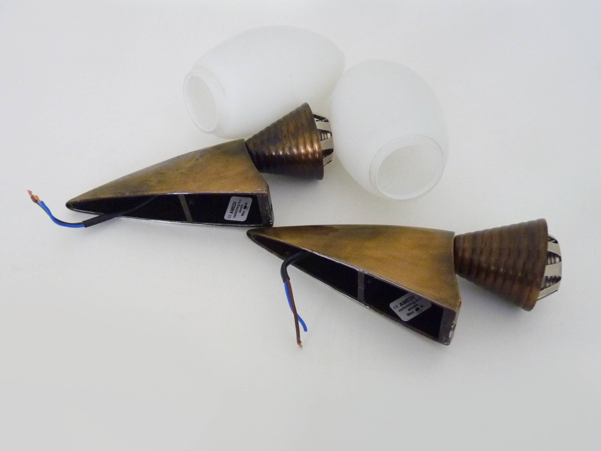 Pair of wall sconces, torchère, brass and opaline. 1980s.