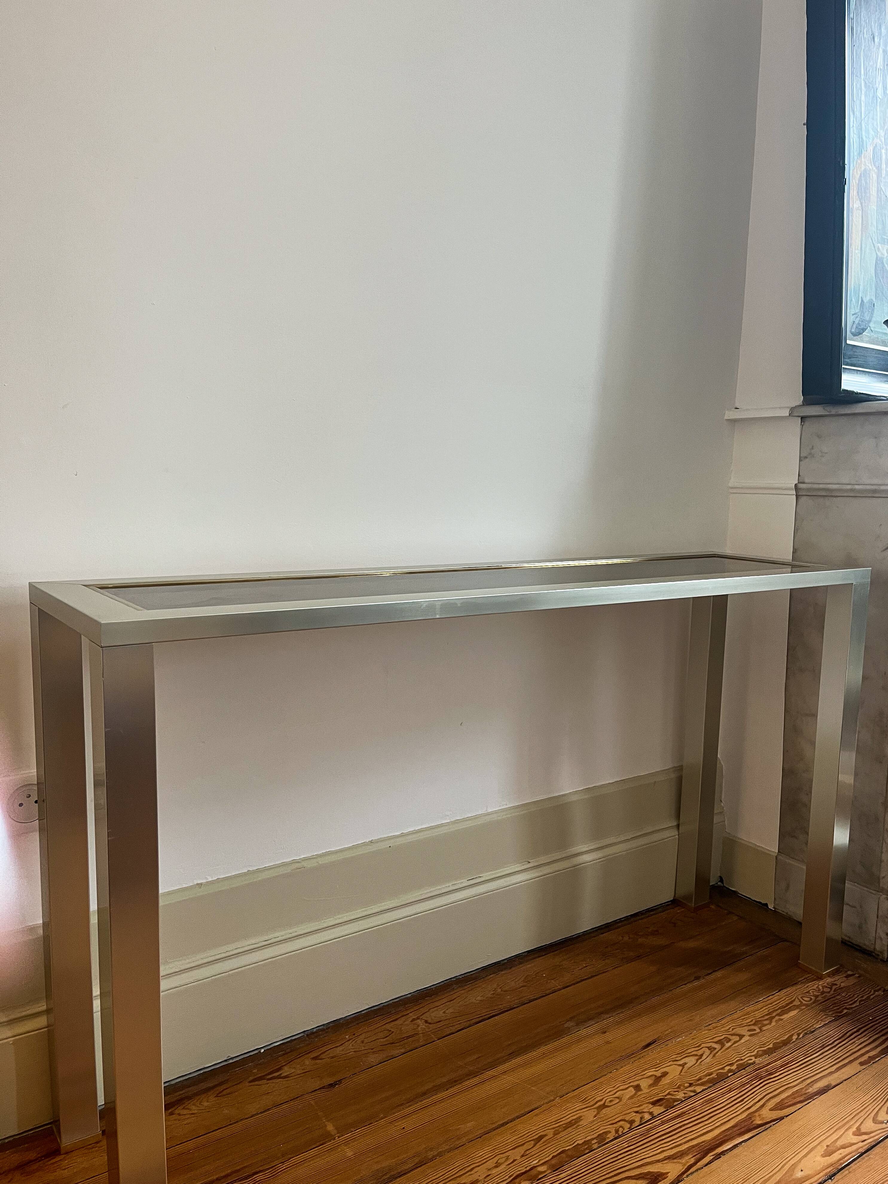 70s stainless steel and glass console