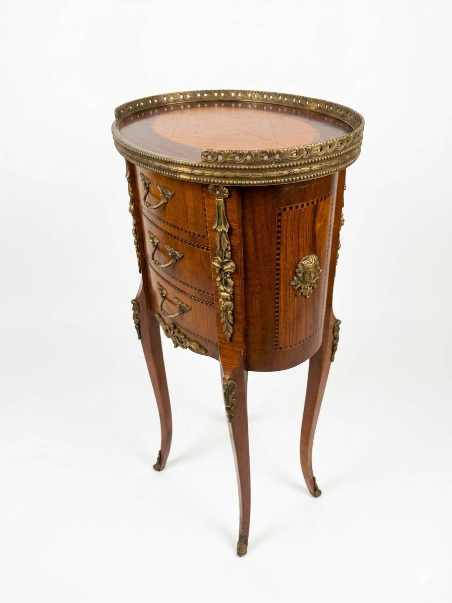 Oval bedside table in Louis XV style with marquetry.