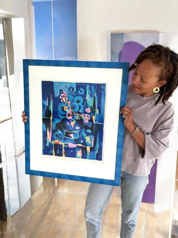 Tony Agostini, Bouquet with Blue Vase, Lithograph, Framed