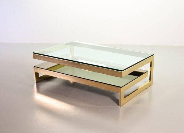 Table d'architecte Belgo-Chrom plaquée or 23 carats avec plateaux en verre, années 1970