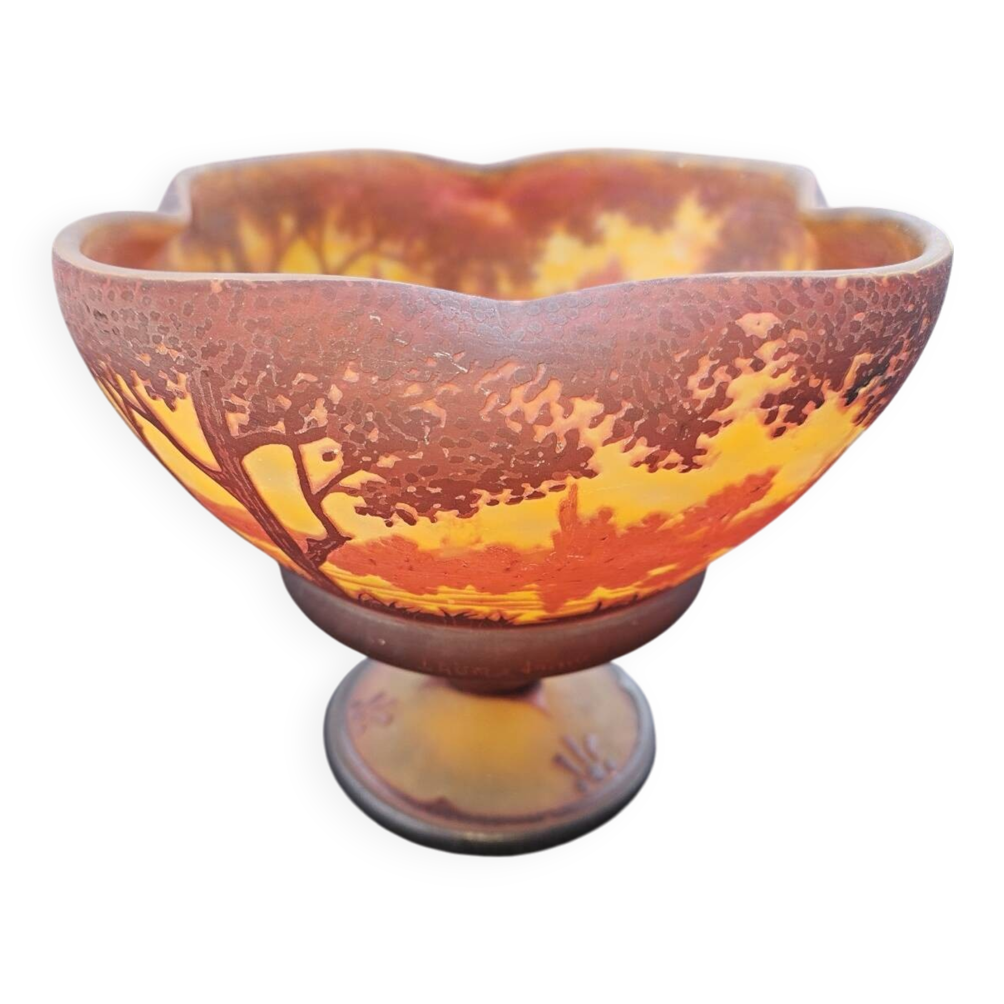 Large bowl on pedestal Daum Nancy – Lakeside landscape 1910