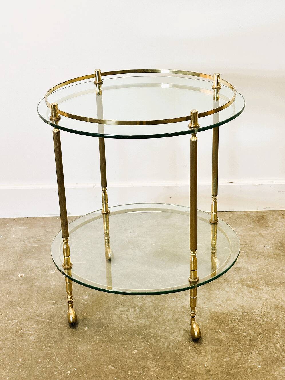 1970s mid-century modern Italian brass and glass round bar cart, Italy.