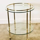 1970s mid-century modern Italian brass and glass round bar cart, Italy.