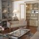 Three-seater bench in patinated wood & natural linen — timeless elegance