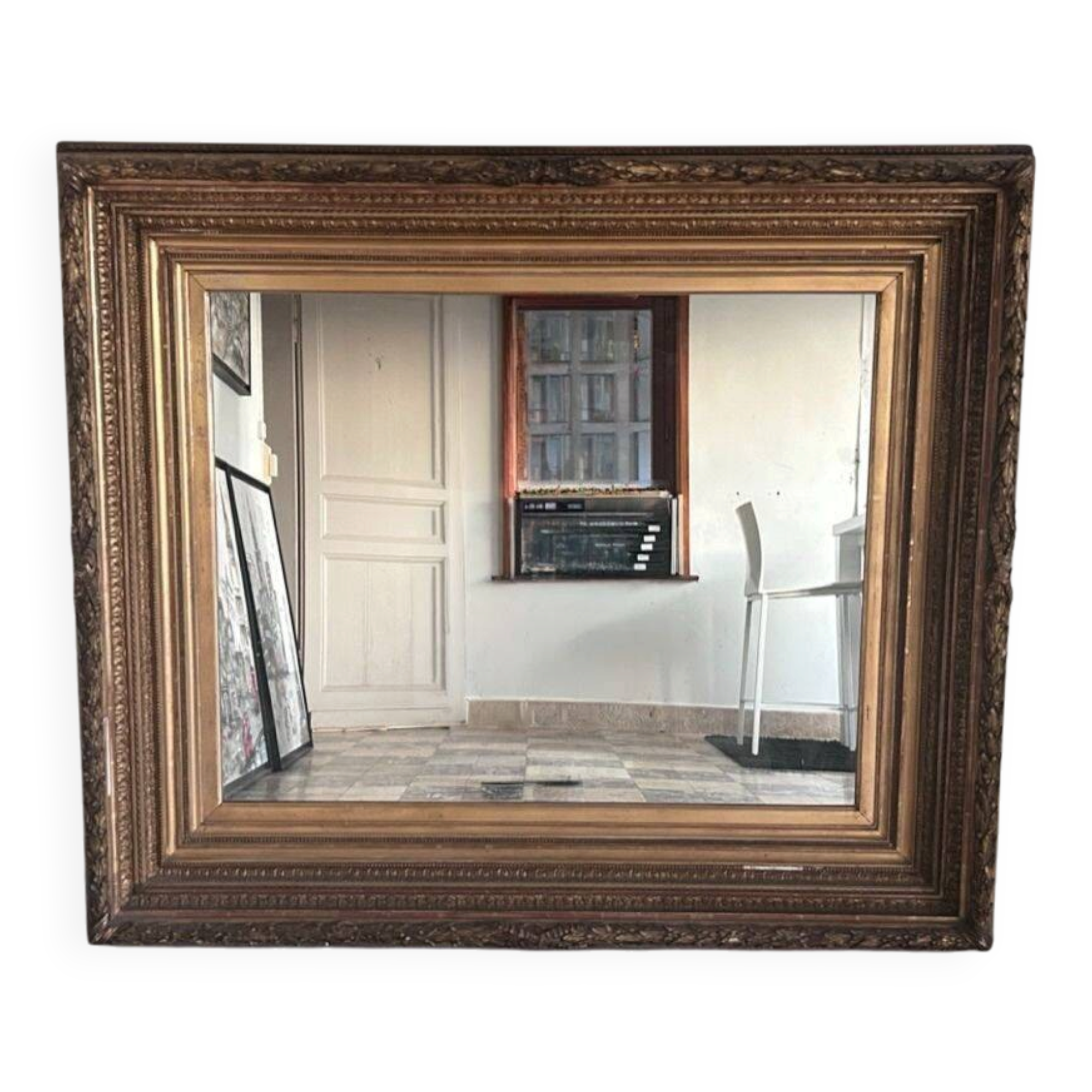 Large antique Napoleon III mirror – Wooden and gilded stucco frame – 135 × 114