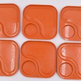 6 orange Guzzini plates with vintage 70s compartments