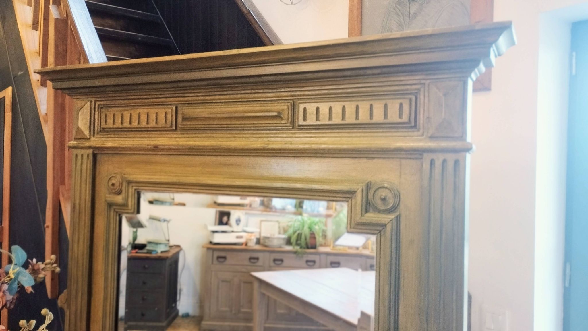Antique bevelled mirror Farrow and Ball "Green Bancha"