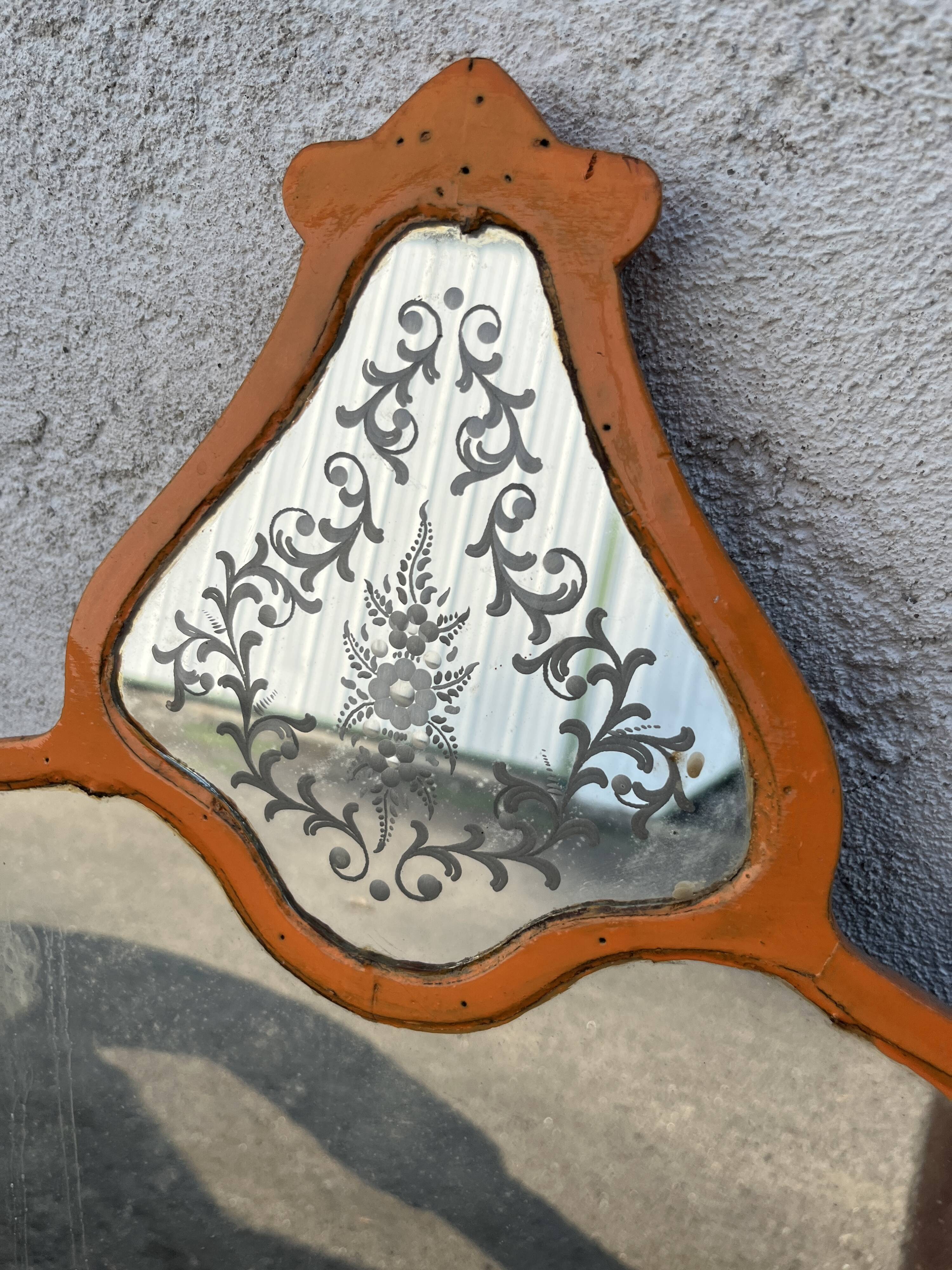 Vintage Venetian mirror, orange painted wooden frame