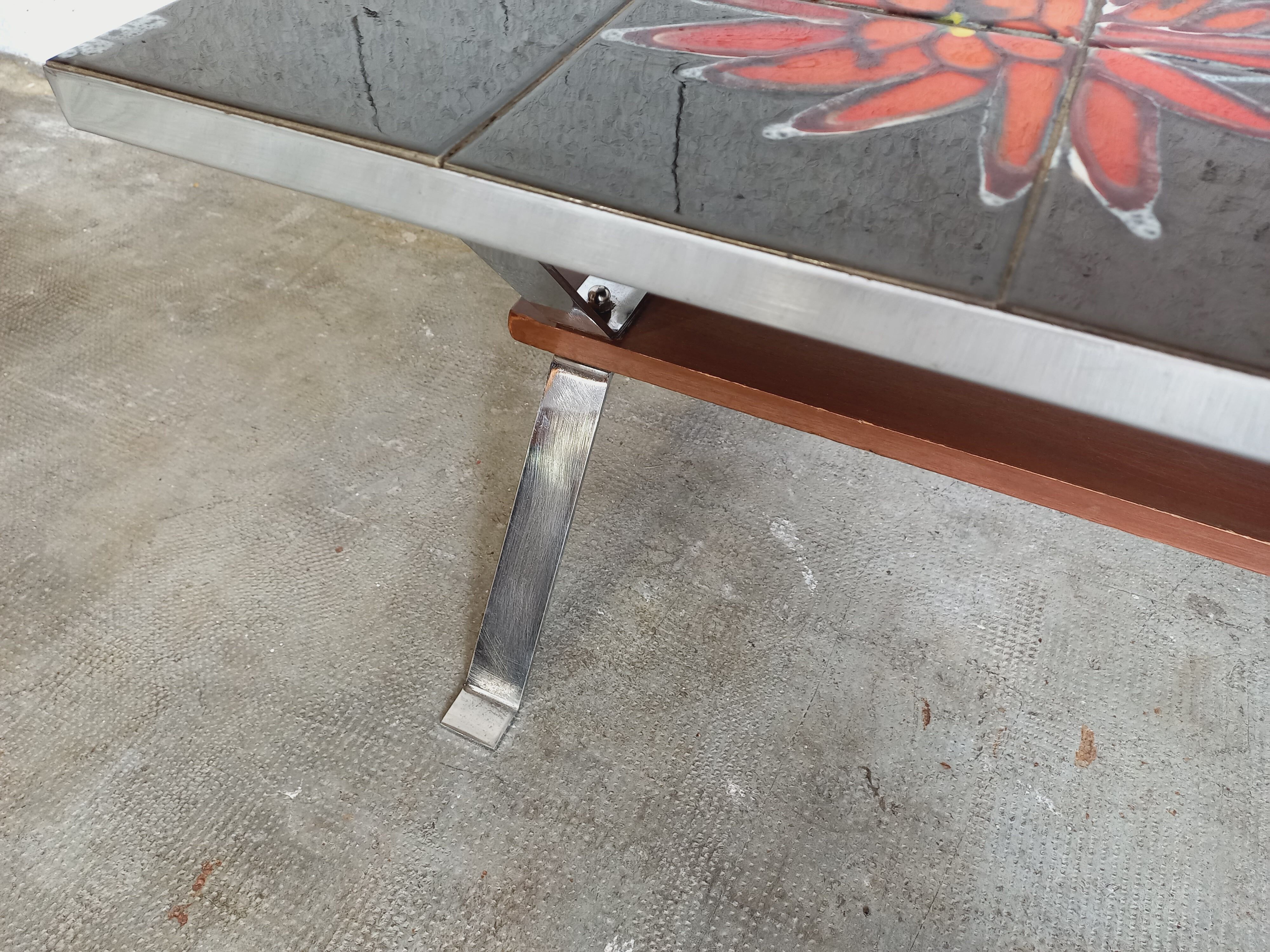 Vintage 70s coffee table in ceramic, chrome metal and wood, signed Adri