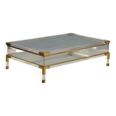 Table basse vintage en verre, plexiglas et laiton, design, Italie, années 1980