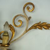 Pair of large floral wall lamps in gilded and lacquered metal. Italy 1960s