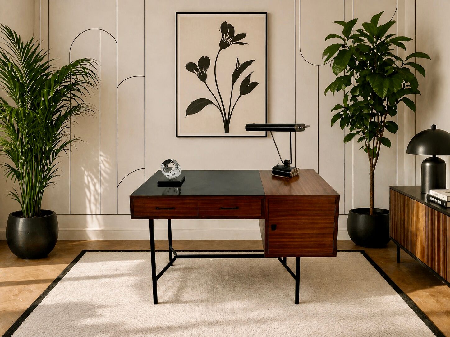 French modernist desk from the 1950s with 2 drawers, 1 cabinet, and 1 container.