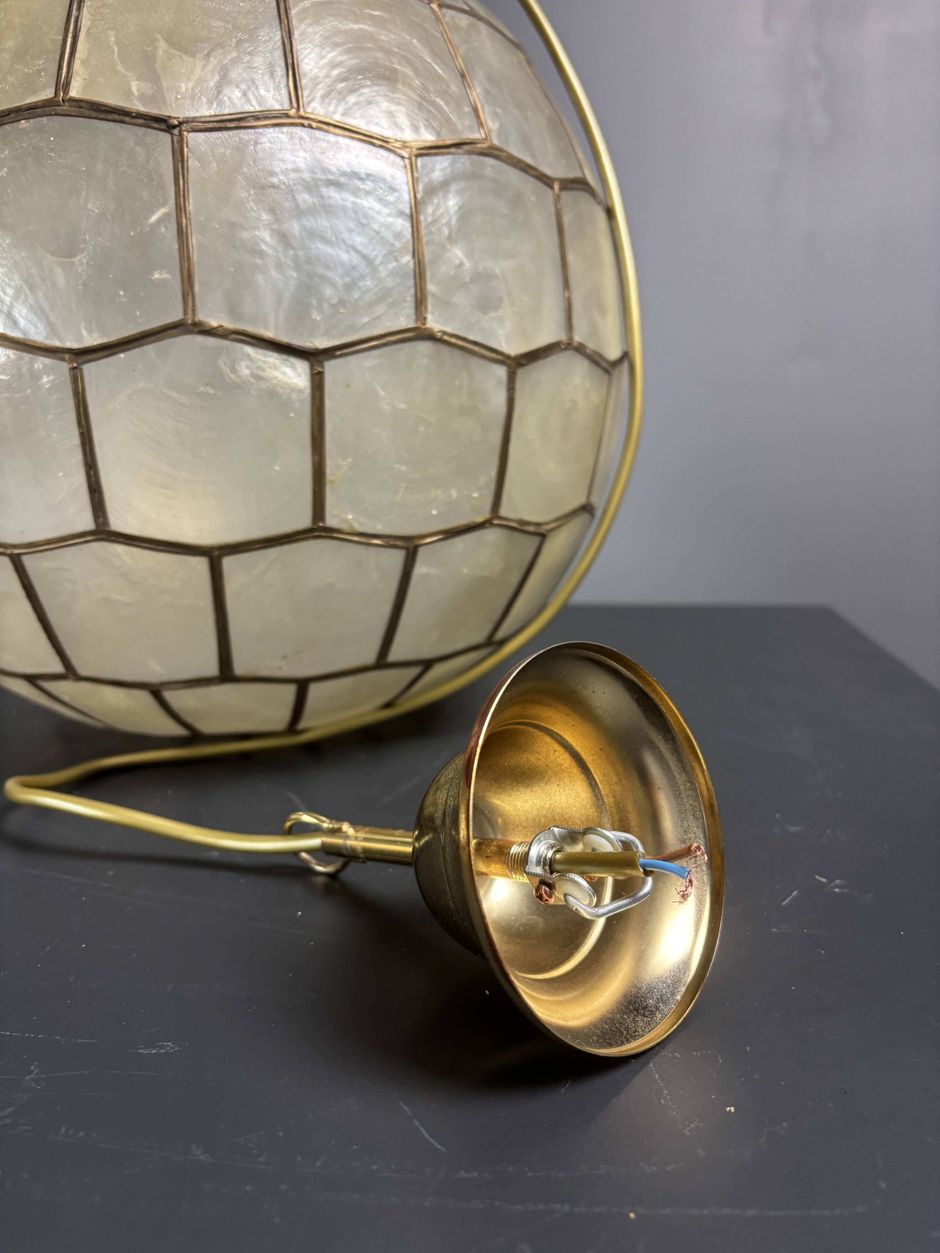 Midcentury mother of pearl Capiz shell & brass sphere large pendant, 1960s