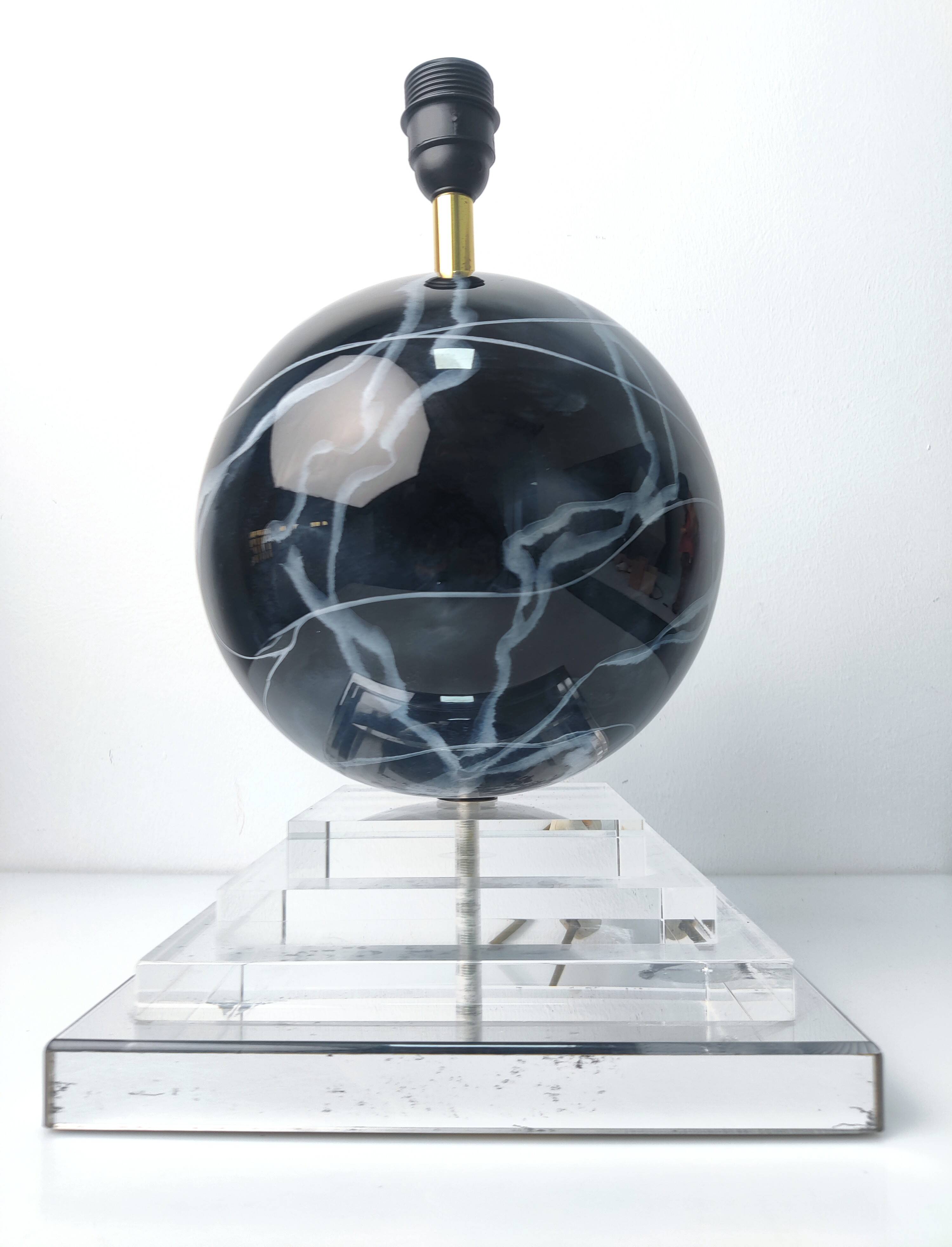 Architectural Stepped Lucite Lamp with Faux Marble Glass Sphere 1970s