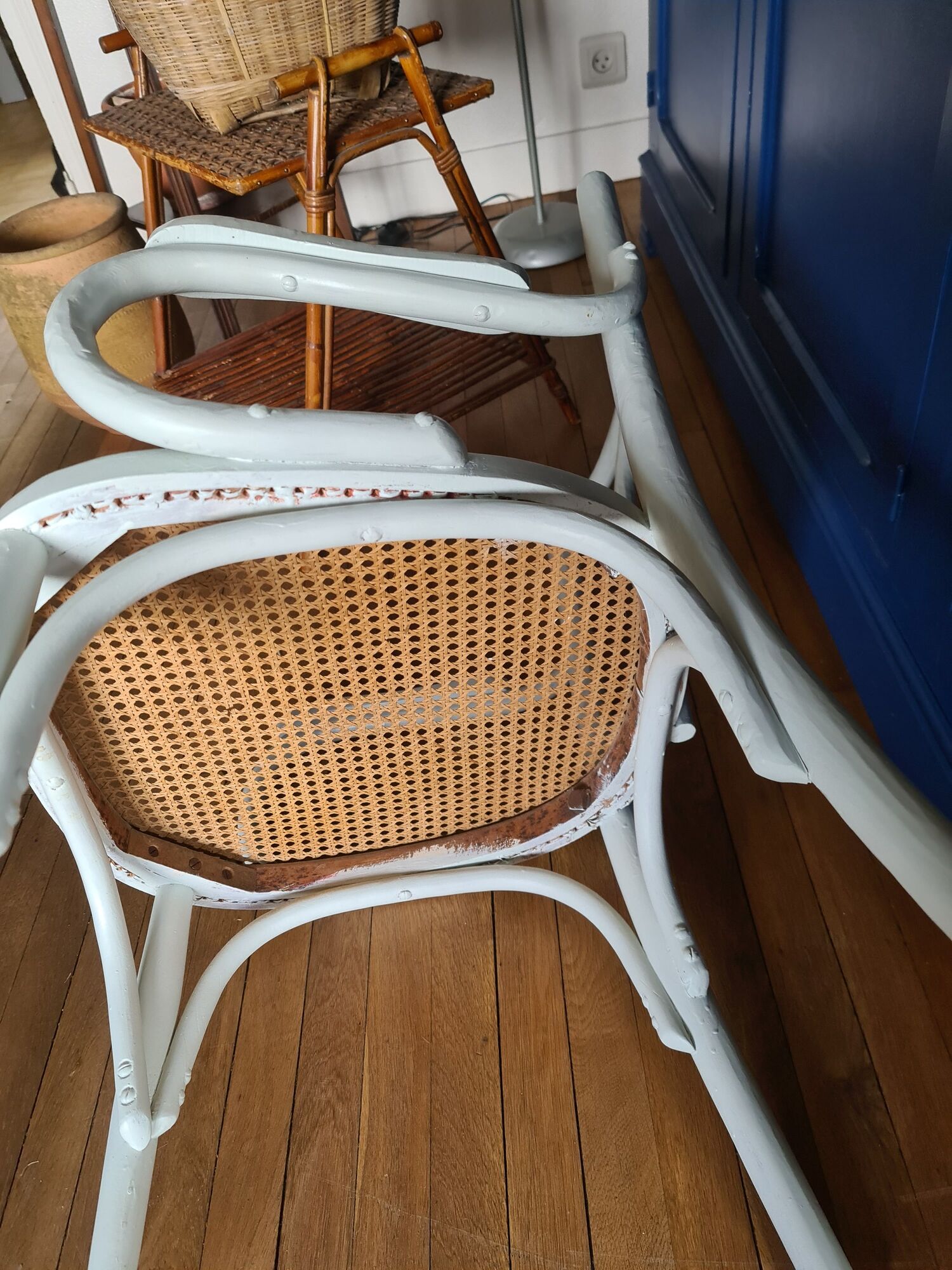 Chair / armchair cannage and wood painted shaby vintage