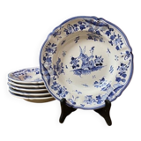 Ensemble de 6 assiettes creuses décor bleu Moustiers