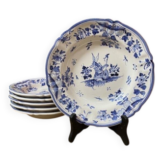 Ensemble de 6 assiettes creuses décor bleu Moustiers