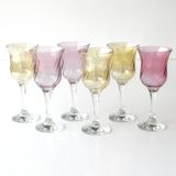 6 old pearlescent iridescent foot glasses - Old pink and amber