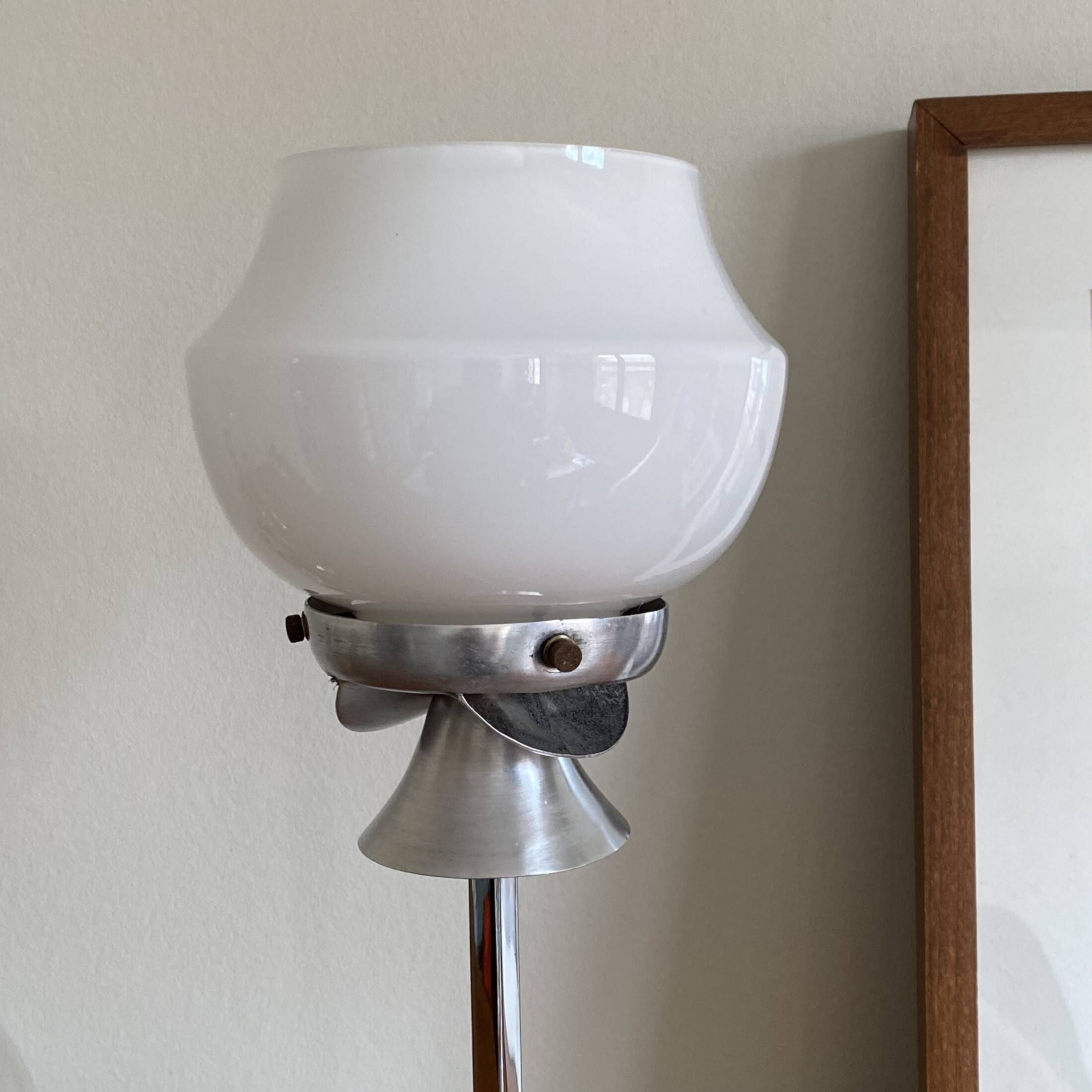 Table lamp in white opaline glass and chrome metal base vintage bedside side LAMP-7145