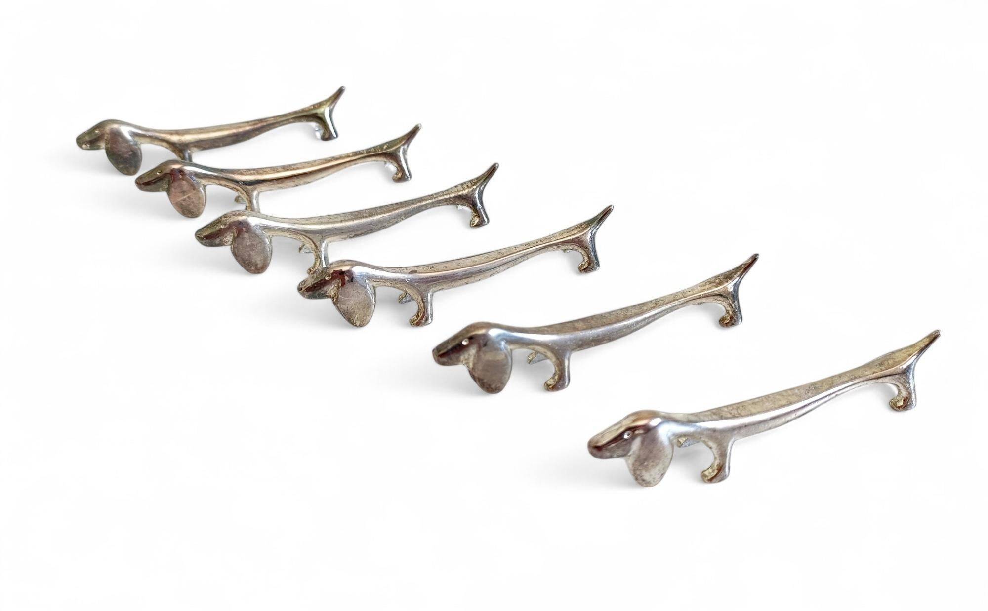Vintage Knife Rests, Set of Six Silver Plated Dachshund Dogs, Italy, 20th-C
