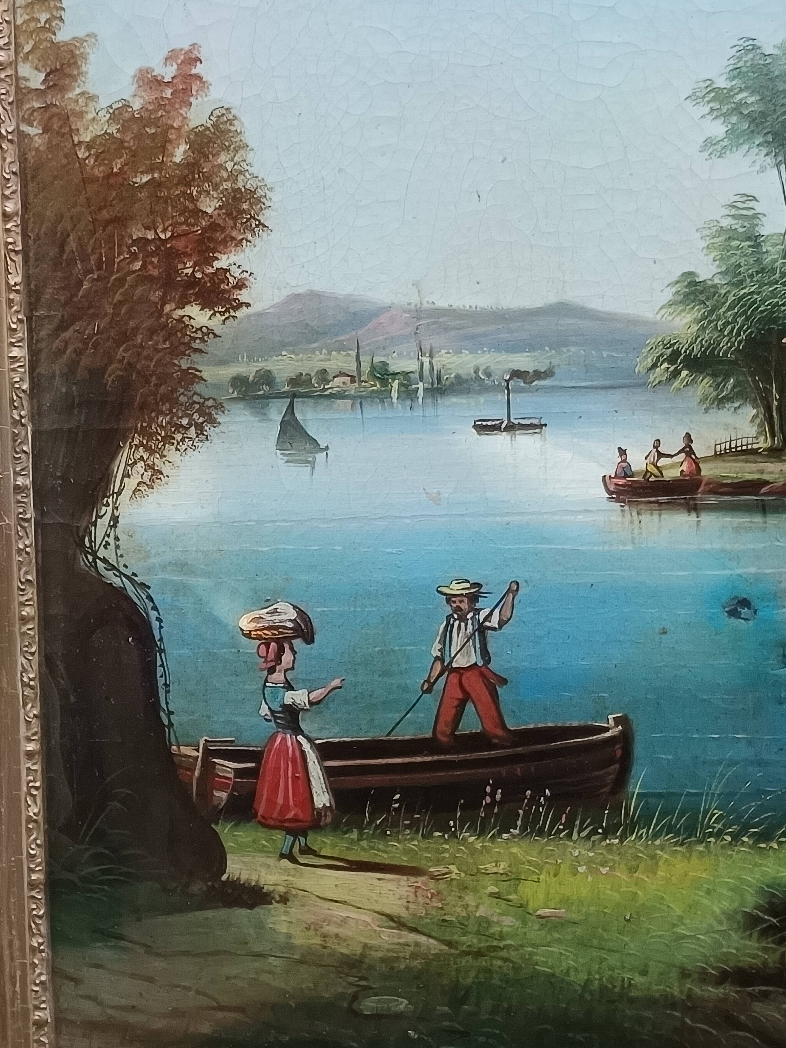 Antique trumeau with romantic decor, oil on canvas, mirror, late 19th and early 20th century