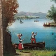 Antique trumeau with romantic decor, oil on canvas, mirror, late 19th and early 20th century