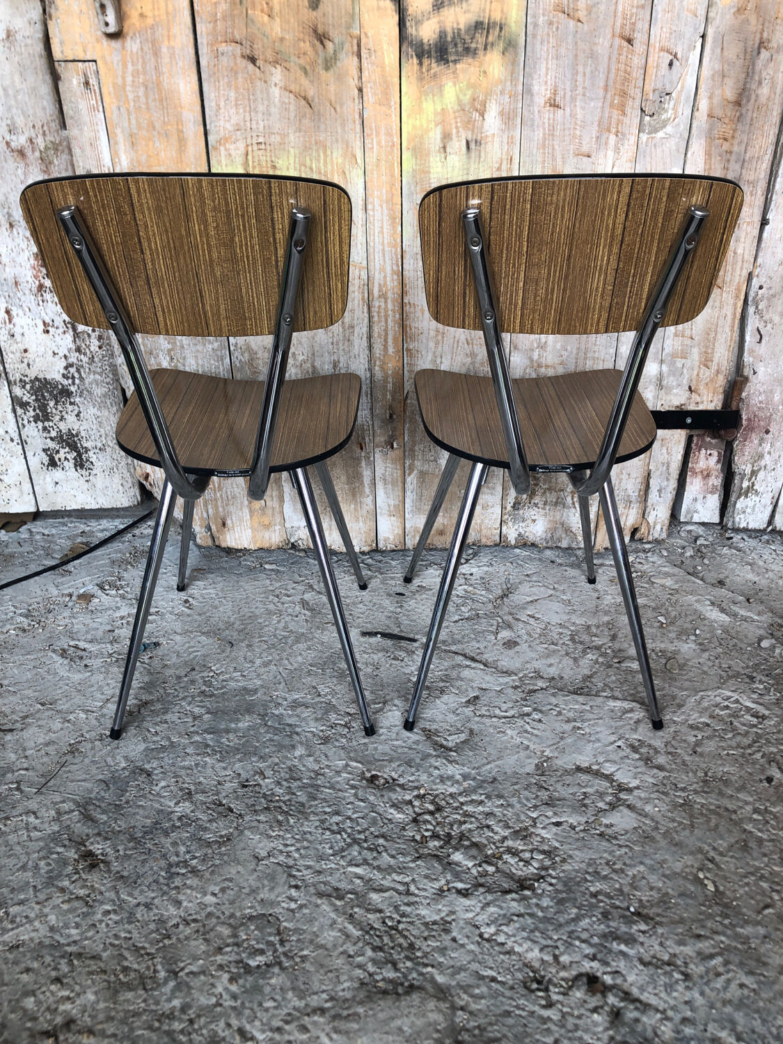 Pair of tublac chairs compass legs chrome metal formica wood vintage #a241