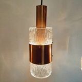 three vintage pendant lamps, copper, aluminum and glass.