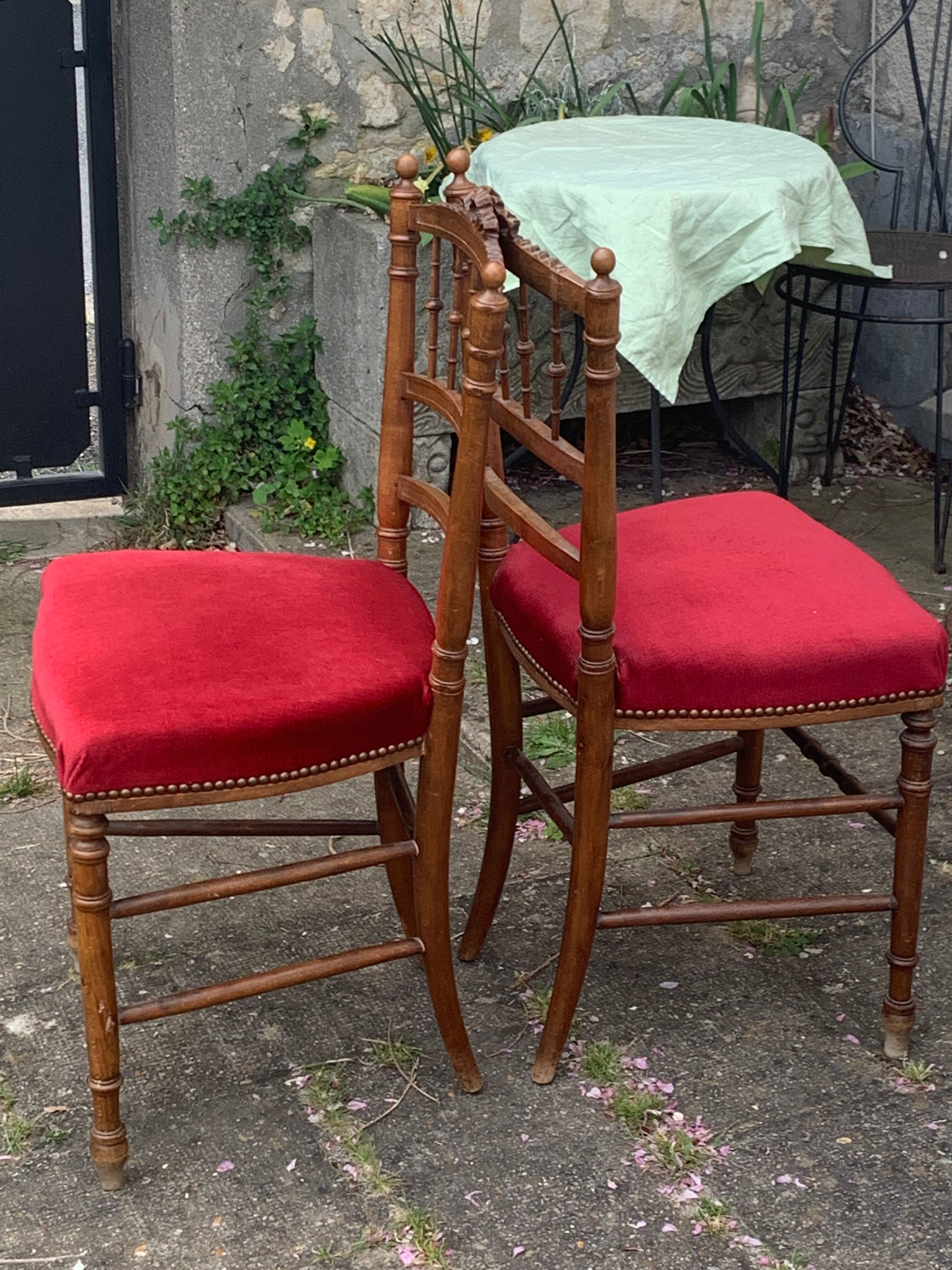 Pair of Napoleon III chairs in wood and red velvet